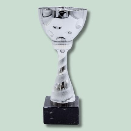Sølvfarvet pokal på sort marmorsokkel.