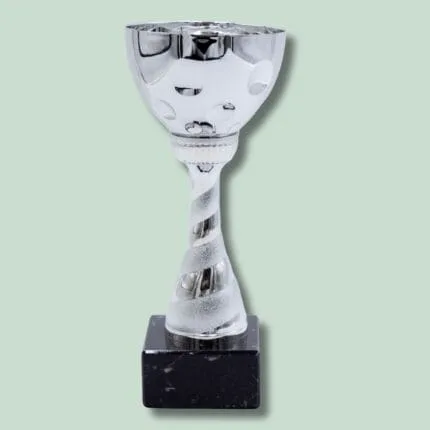 Sølvfarvet pokal på sort marmorsokkel.