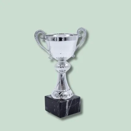 Sølv pokal med marmorfod på grøn baggrund.