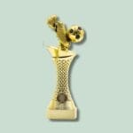 Guld fodboldtrofæ med støvle og bold
