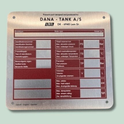Dana Tank A/S kedeltype skilt med specifikationer.
