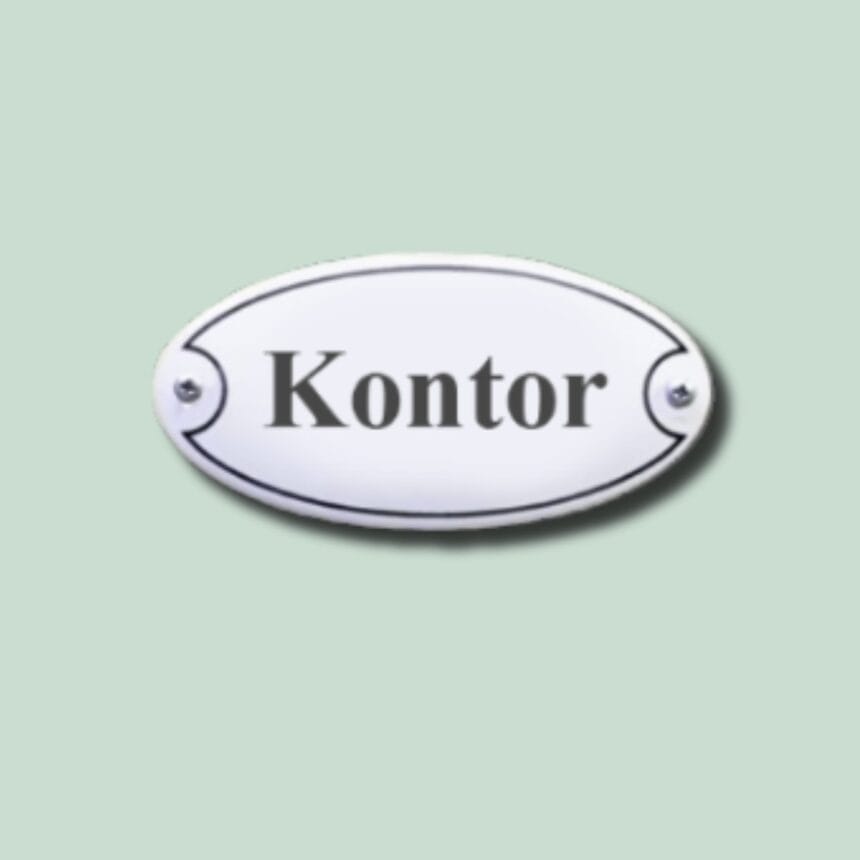 Emalje 10 x 5 cm - hvid kontor Ovalt skilt med tekst 'Kontor'.