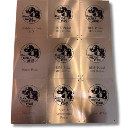 Plakette fra Dansk Vizsla Klub med forskellige pokaler.