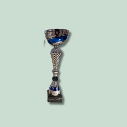 Sølvpokal med sort sokkel og blå detaljer.