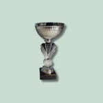 Sølvfarvet pokal på sort sokkel, minimalistisk design.